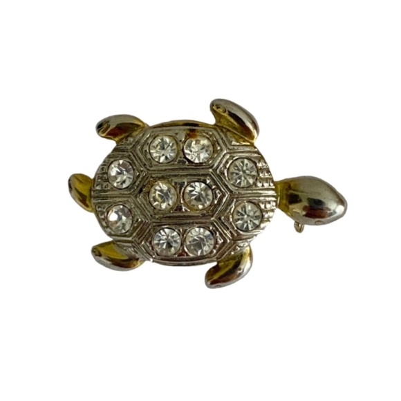 Gold Tone Metal & Rhinestones Bezel Set Tortoise Brooch - Picture 1 of 6